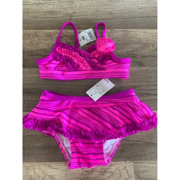 Circo infant baby 2 piece Swimsuit Purple stripes Fuchsia, bikini with flower - Picture 1 of 6